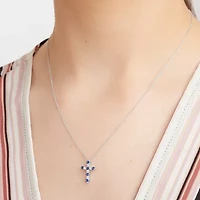 Womens Lab Grown Blue Sapphire & 1/8 CT. T.W. Lab Grown White Diamond Sterling Silver Cross Pendant Necklace