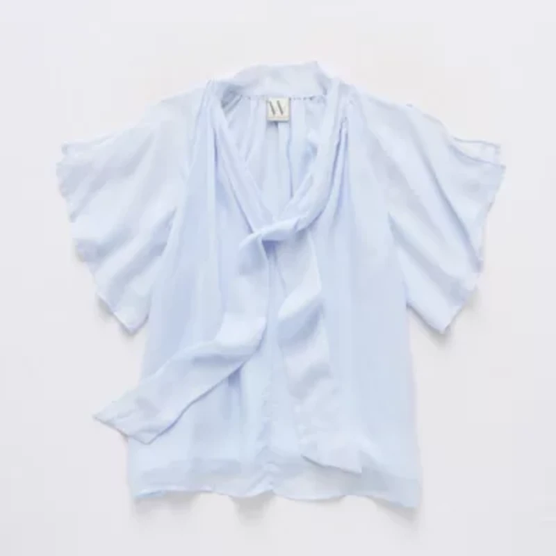 Worthington Womens Petite Split Tie Neck Short Sleeve Blouse