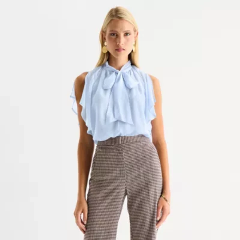 Worthington Womens Petite Split Tie Neck Short Sleeve Blouse