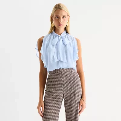 Worthington Womens Petite Split Tie Neck Short Sleeve Blouse