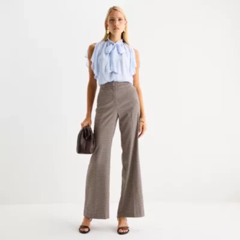 Worthington Womens Petite Split Tie Neck Short Sleeve Blouse