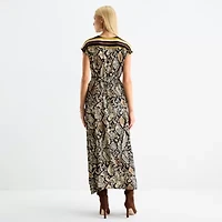 Worthington Womens Petite Short Sleeve Animal High-Low Blouson Dress