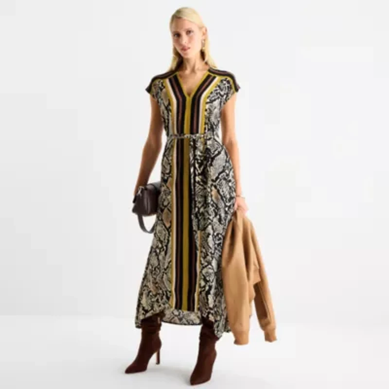 Worthington Womens Petite Short Sleeve Animal High-Low Blouson Dress