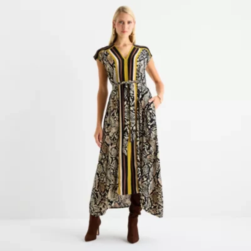 Worthington Womens Petite Short Sleeve Animal High-Low Blouson Dress