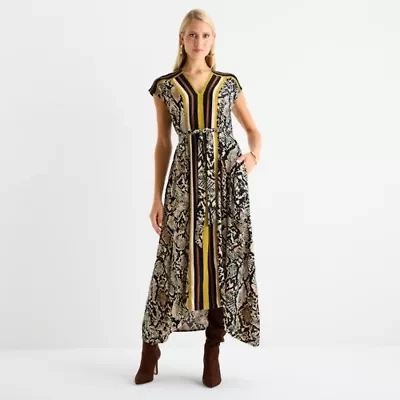 Worthington Womens Petite Short Sleeve Animal High-Low Blouson Dress