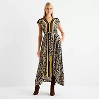 Worthington Womens Petite Short Sleeve Animal High-Low Blouson Dress