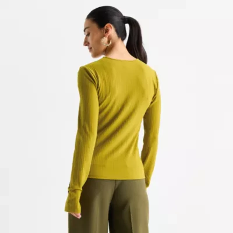 Worthington Womens Petite Crew Neck Long Sleeve Blouse