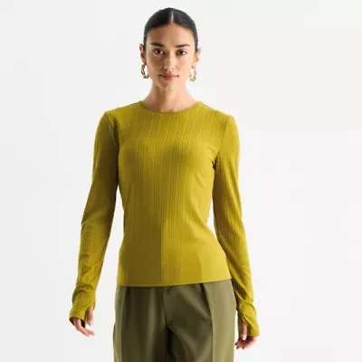 Worthington Womens Petite Crew Neck Long Sleeve Blouse