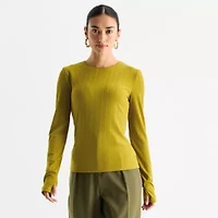 Worthington Womens Petite Crew Neck Long Sleeve Blouse