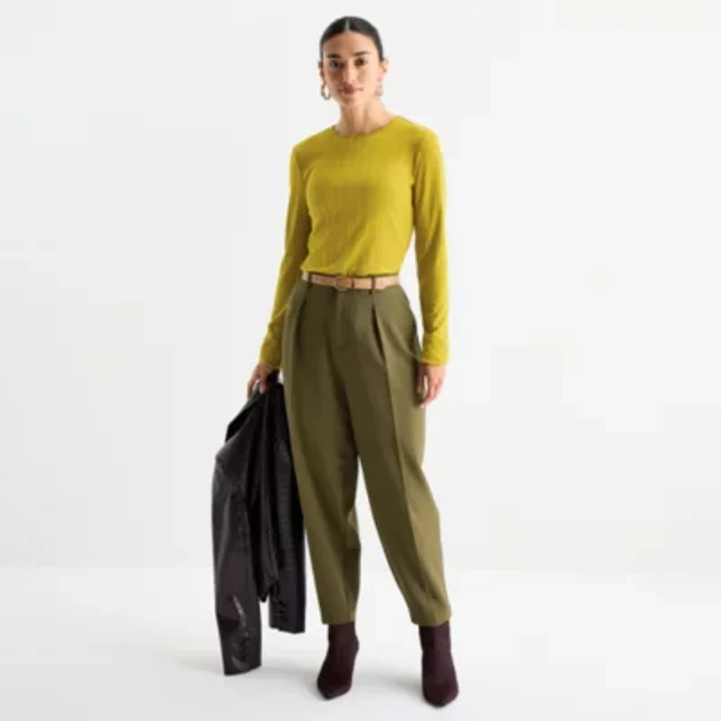 Worthington Womens Petite Crew Neck Long Sleeve Blouse