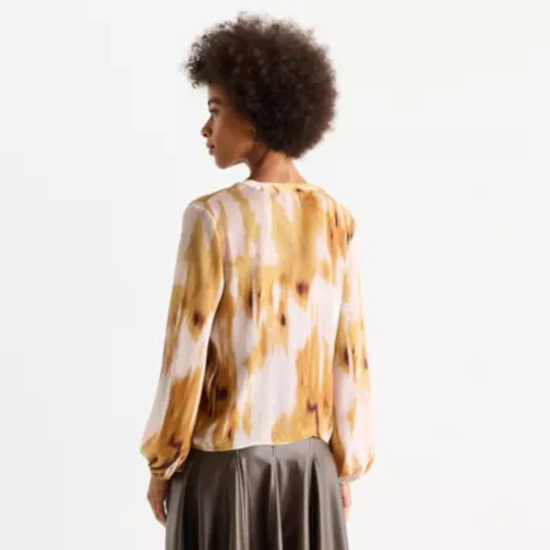 Worthington Womens Petite Split Crew Neck Long Sleeve Blouse