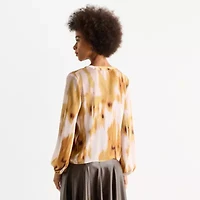 Worthington Womens Petite Split Crew Neck Long Sleeve Blouse