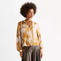 Worthington Womens Petite Split Crew Neck Long Sleeve Blouse