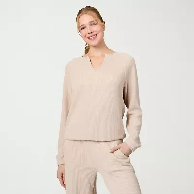 Free Country Womens V Neck Long Sleeve Rib Knit Pullover Sweater