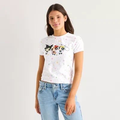 Hk X Ppg Aop Baby Tee Womens Juniors Short Sleeve Regular Fit Hello Kitty Graphic T-Shirt