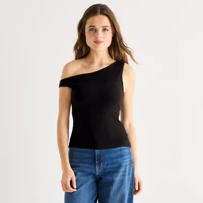 Arizona Womens Juniors Asymmetrical Neck Sleeveless T-Shirt