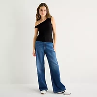 Arizona Womens Juniors Asymmetrical Neck Sleeveless T-Shirt