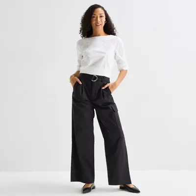 Liz Claiborne Womens Belted Wide Leg Cropped Pant