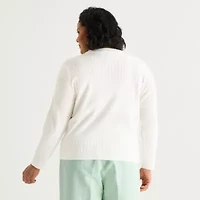 Liz Claiborne Womens V Neck Long Sleeve Button Plus Cardigan