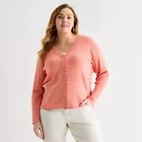 Liz Claiborne Womens V Neck Long Sleeve Button Plus Cardigan