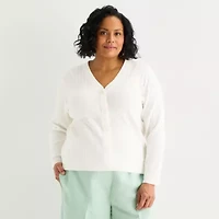 Liz Claiborne Womens V Neck Long Sleeve Button Plus Cardigan