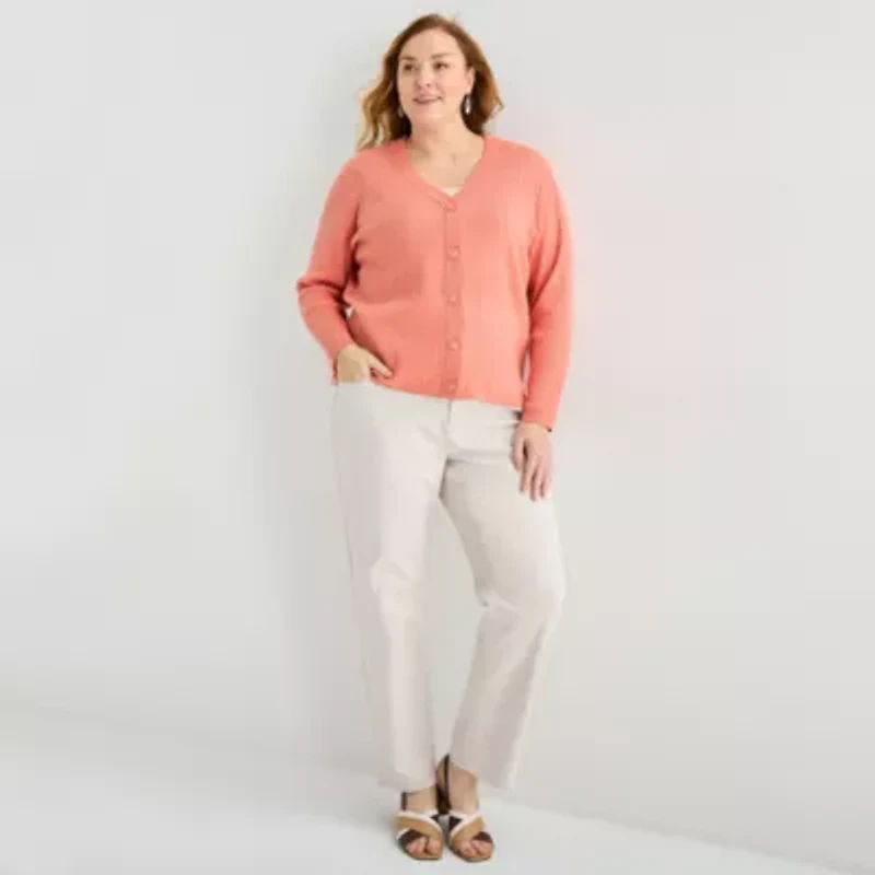 Liz Claiborne Womens V Neck Long Sleeve Button Plus Cardigan