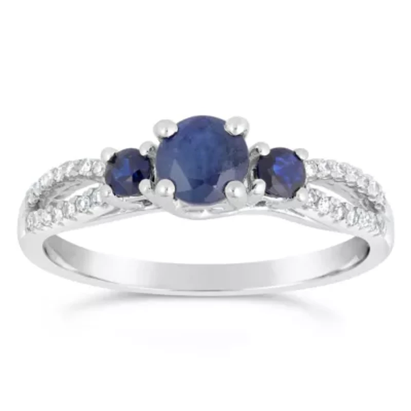 Womens 1/8 CT. T.W. Genuine Blue Sapphire 10K White Gold Round 3-Stone Cocktail Ring