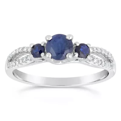 Womens 1/8 CT. T.W. Genuine Blue Sapphire 10K White Gold Round 3-Stone Cocktail Ring
