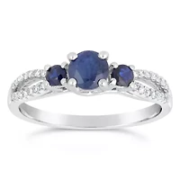 Womens 1/8 CT. T.W. Genuine Blue Sapphire 10K White Gold Round 3-Stone Cocktail Ring