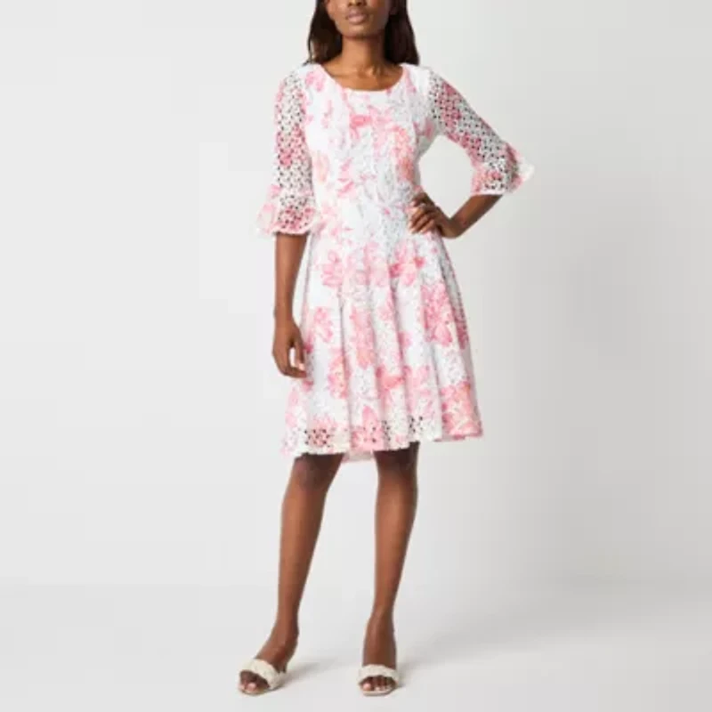 Rabbit Rabbit Rabbit Design Womens Elbow Sleeve Floral Fit + Flare Dress