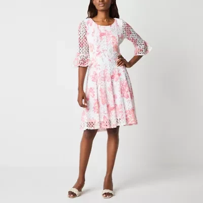 Rabbit Rabbit Rabbit Design Womens Elbow Sleeve Floral Fit + Flare Dress