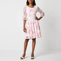 Rabbit Rabbit Rabbit Design Womens Elbow Sleeve Floral Fit + Flare Dress