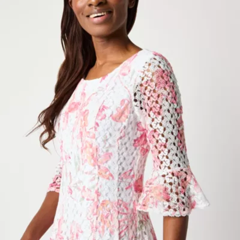 Rabbit Rabbit Rabbit Design Womens Elbow Sleeve Floral Fit + Flare Dress
