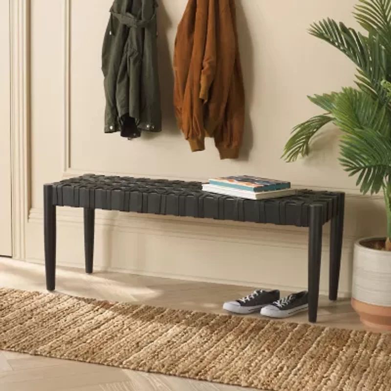 Walda Leather Wood Bench