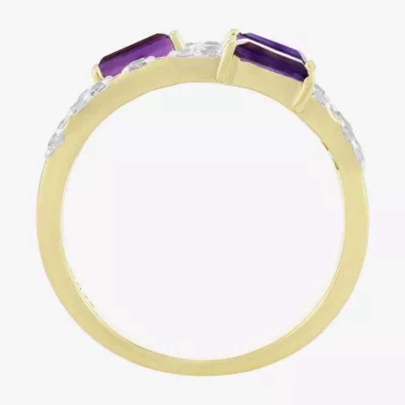 Womens Genuine Purple Amethyst 14K Gold Over Silver Side Stone Cocktail Ring