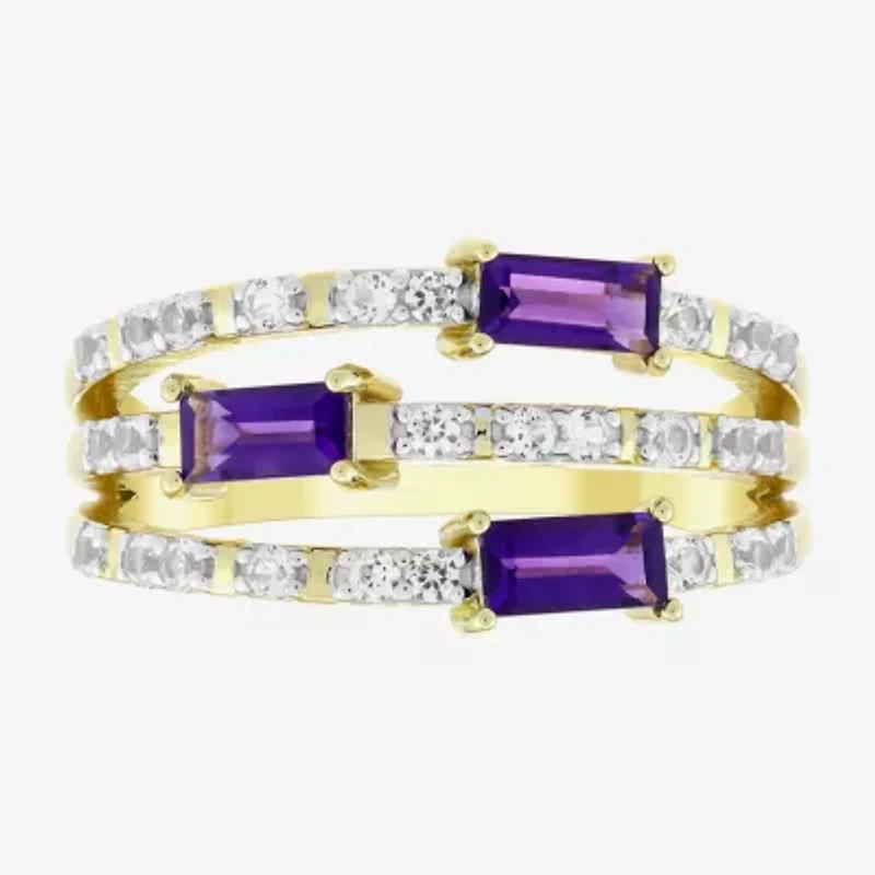 Womens Genuine Purple Amethyst 14K Gold Over Silver Side Stone Cocktail Ring
