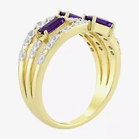 Womens Genuine Purple Amethyst 14K Gold Over Silver Side Stone Cocktail Ring