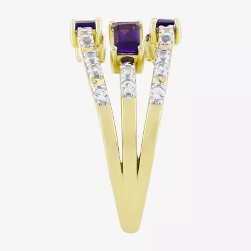 Womens Genuine Purple Amethyst 14K Gold Over Silver Side Stone Cocktail Ring