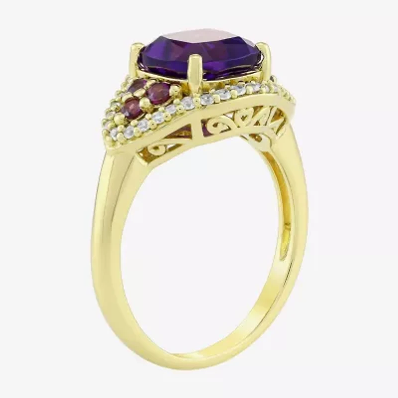 Womens Genuine Purple Amethyst 14K Gold Over Silver Cushion Cocktail Ring