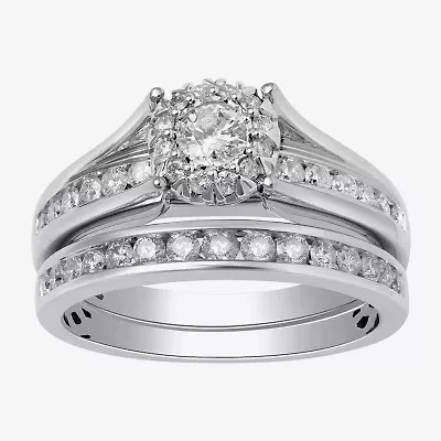 (G, Si2) Womens 1 CT. T.W. Lab Grown White Diamond 10K Gold Round Side Stone Halo Bridal Set