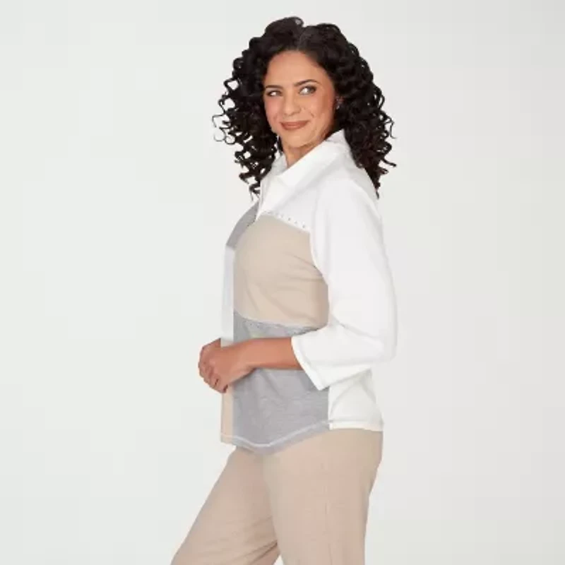 Alfred Dunner Comfort And Joy Womens 3/4 Sleeve Quarter-Zip Pullover