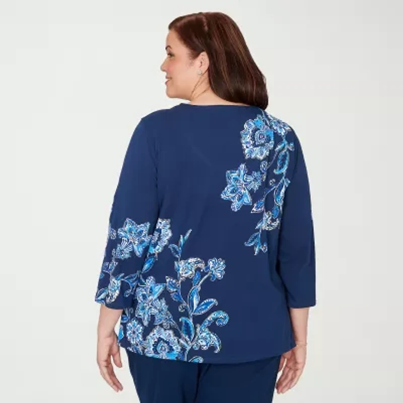 Alfred Dunner Mykonos Womens Split Crew Neck 3/4 Sleeve T-Shirt