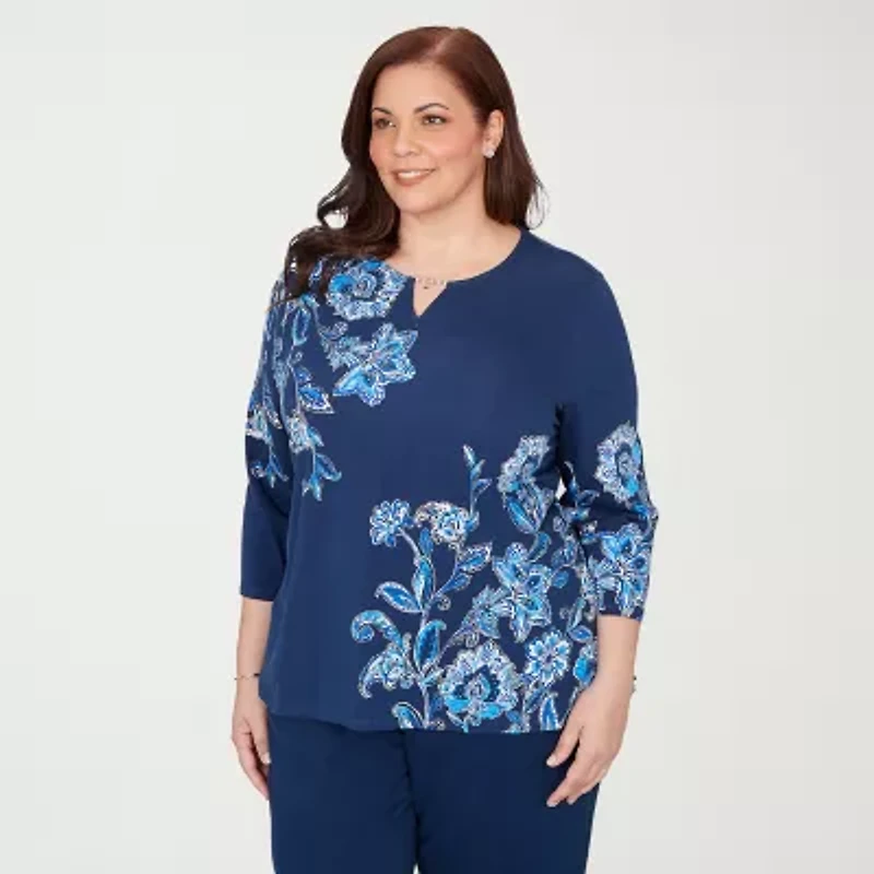 Alfred Dunner Mykonos Womens Split Crew Neck 3/4 Sleeve T-Shirt