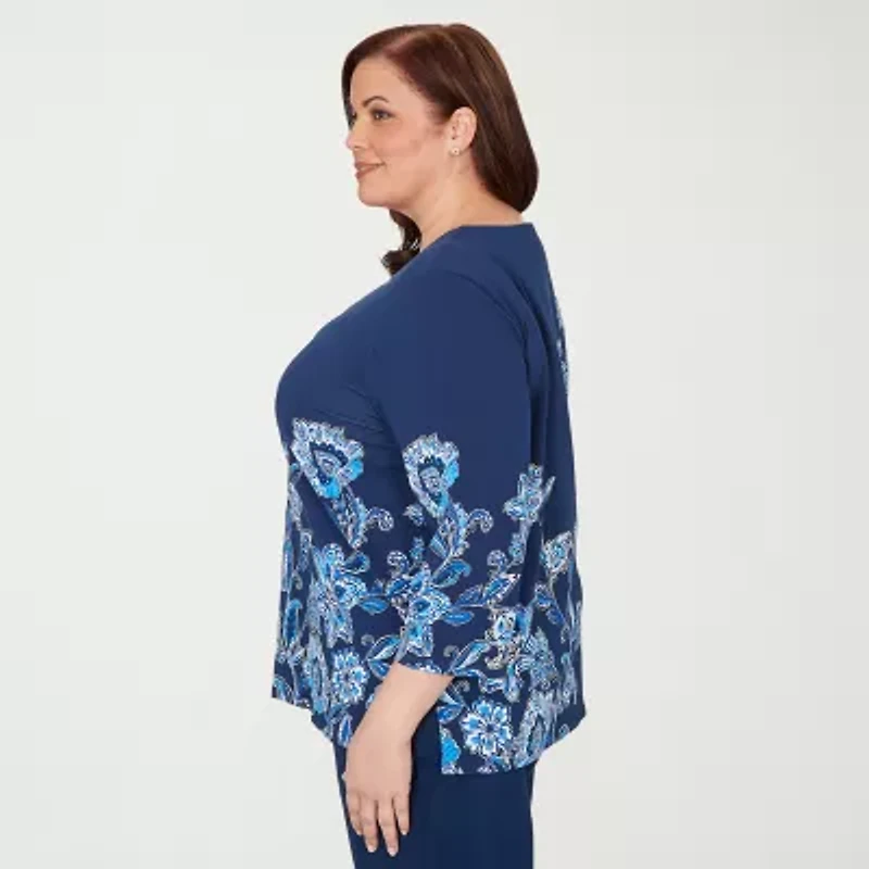 Alfred Dunner Mykonos Womens Split Crew Neck 3/4 Sleeve T-Shirt