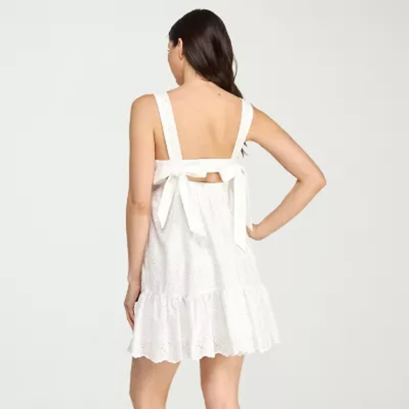 City Triangle Womens Sleeveless Juniors Embroidered Babydoll Dress