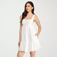 City Triangle Womens Sleeveless Juniors Embroidered Babydoll Dress