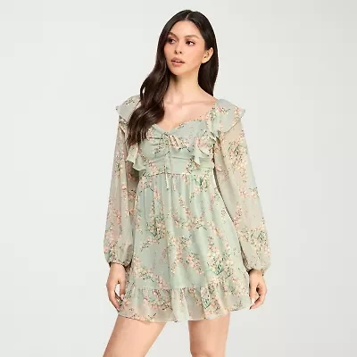 City Triangle Womens Juniors Long Sleeve Floral Fit + Flare Dress