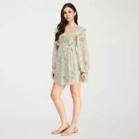 City Triangle Womens Juniors Long Sleeve Floral Fit + Flare Dress