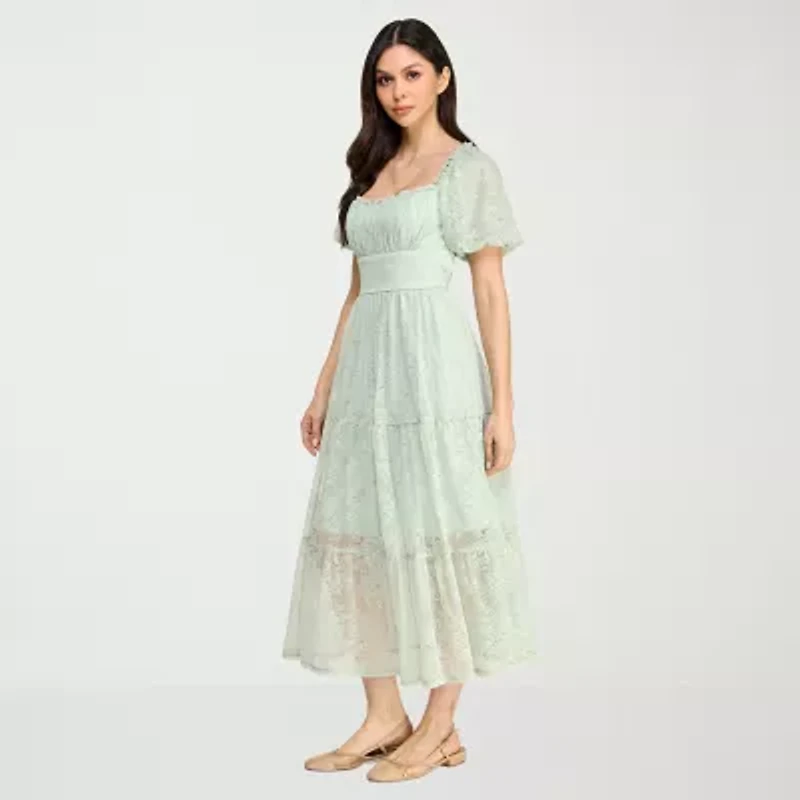 City Triangle Womens Juniors Short Sleeve Lace Fit + Flare Dress