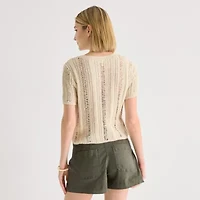 a.n.a Womens Crew Neck Short Sleeve Button Cardigan